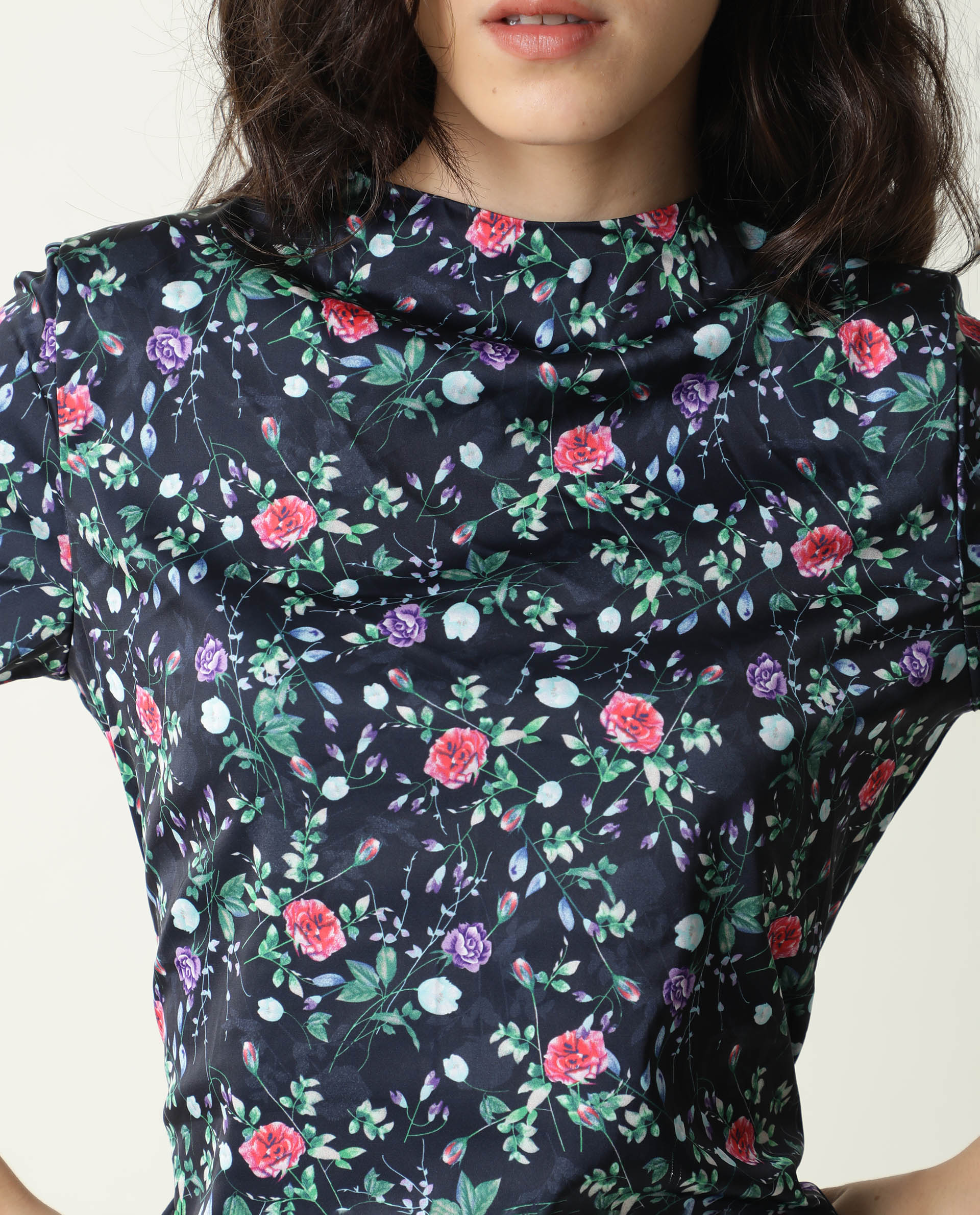Women's John Navy Floral Print High Neck Short Sleeves Ruching At Sides And Back With Back Zip Closure Mini Dress