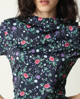 Women's John Navy Floral Print High Neck Short Sleeves Ruching At Sides And Back With Back Zip Closure Mini Dress