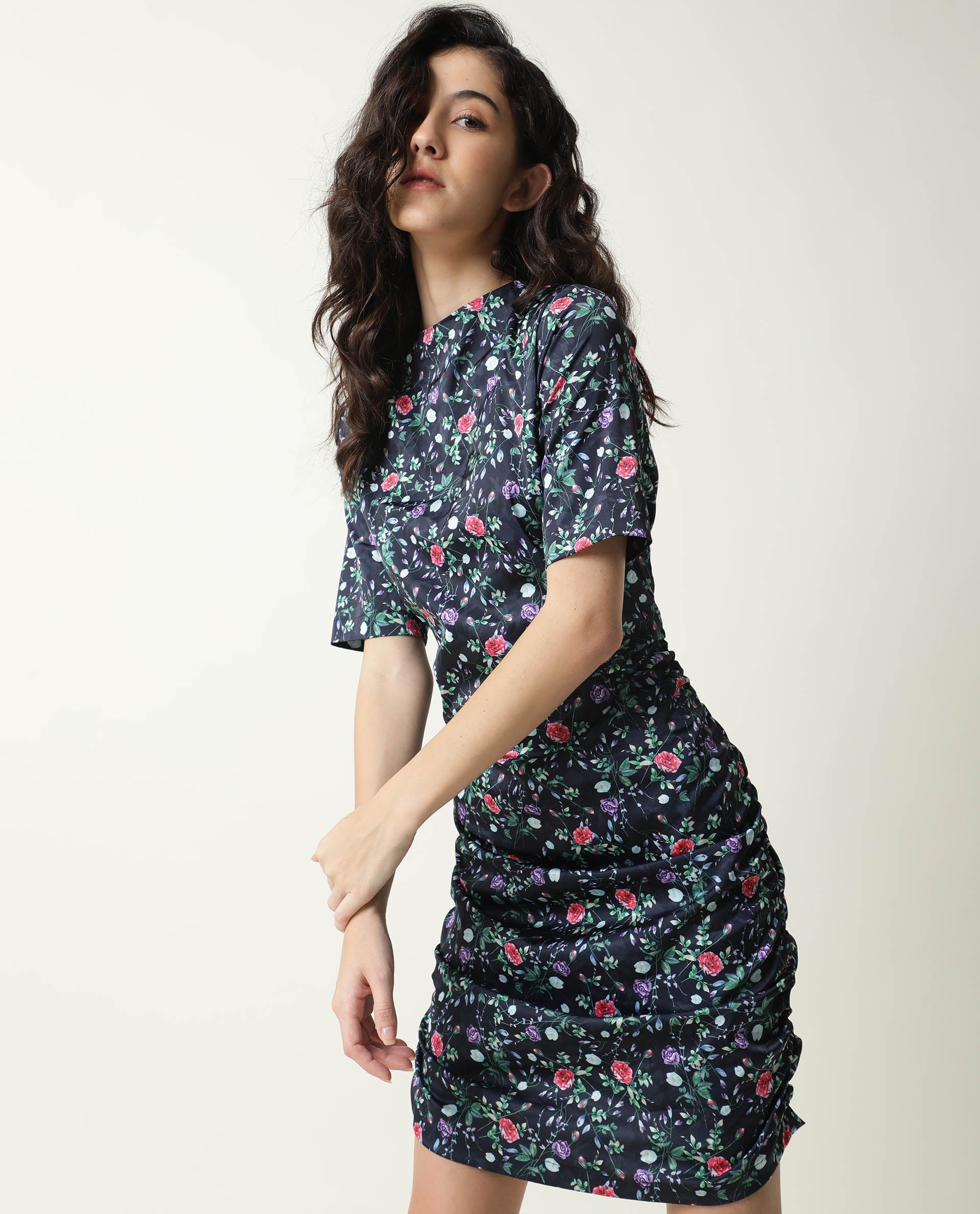 Women's John Navy Floral Print High Neck Short Sleeves Ruching At Sides And Back With Back Zip Closure Mini Dress