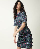 Women's John Navy Floral Print High Neck Short Sleeves Ruching At Sides And Back With Back Zip Closure Mini Dress