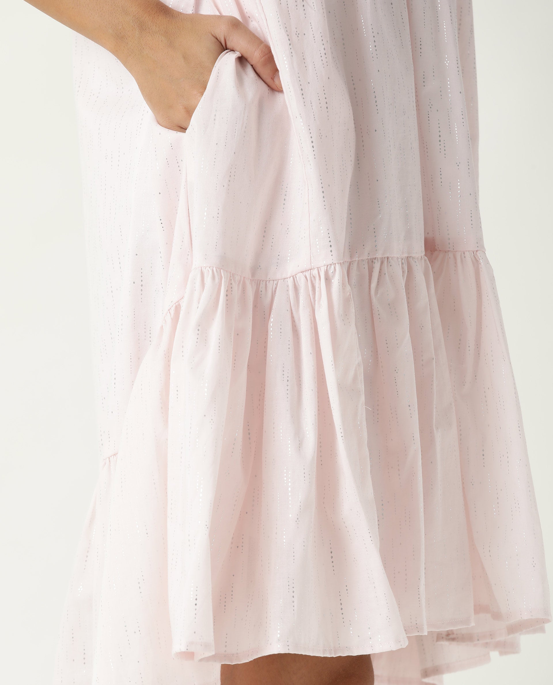 Women's Loaf Pink Shirt Collar Short Sleeves With Pocket Tiered Knee Length Dress