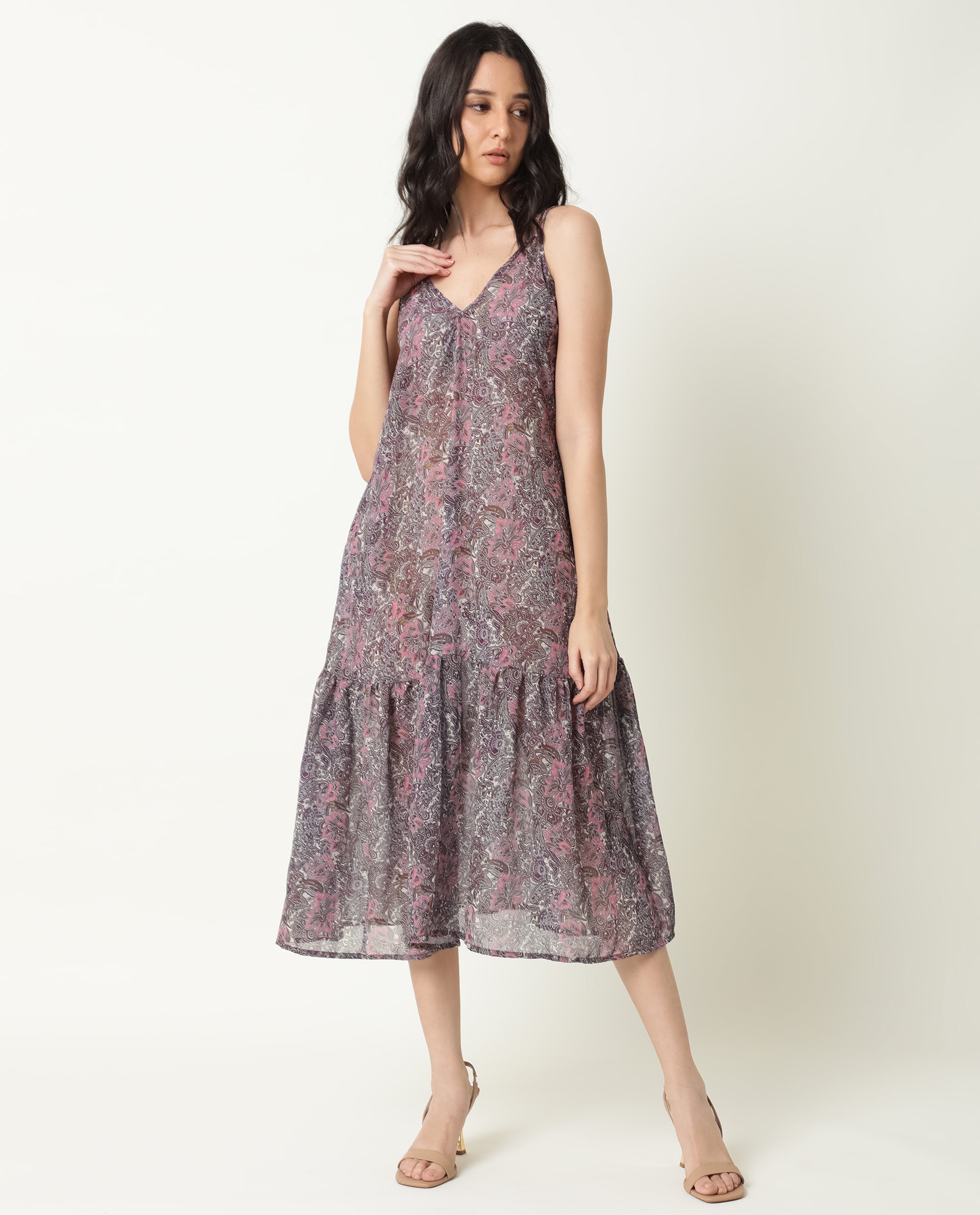 Women's Hilda Pink Abstract Print V Neck Double Spaghetti Straps Tiered Midi Dress