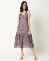 Women's Hilda Pink Abstract Print V Neck Double Spaghetti Straps Tiered Midi Dress