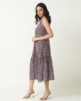Women's Hilda Pink Abstract Print V Neck Double Spaghetti Straps Tiered Midi Dress