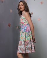 Women's Carys Multicolor Polyester Fabric Sleeveless Key Hole Neck Regular Fit Floral Print Knee Length Tiered Dress