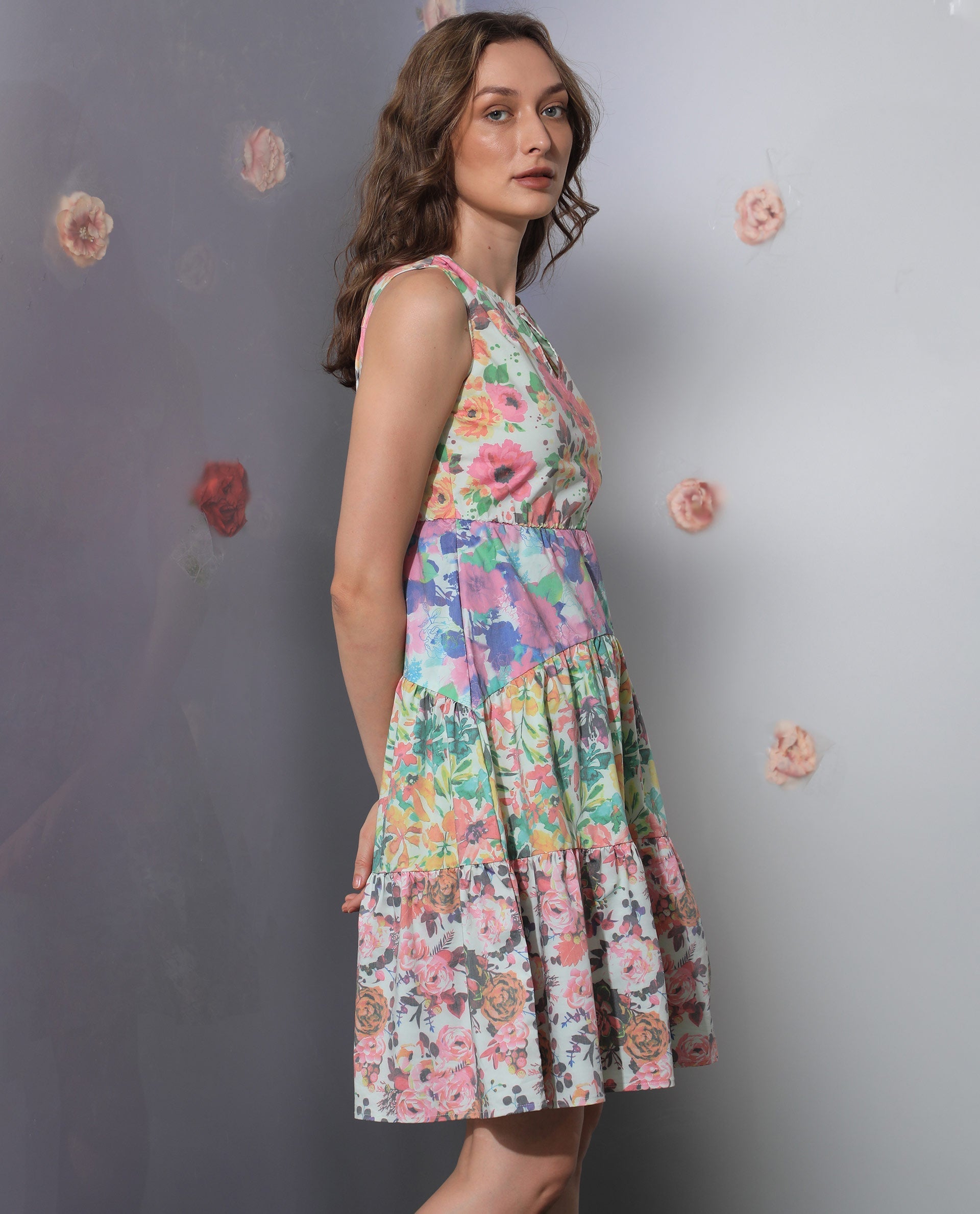 Women's Carys Multicolor Polyester Fabric Sleeveless Key Hole Neck Regular Fit Floral Print Knee Length Tiered Dress