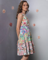 Women's Carys Multicolor Polyester Fabric Sleeveless Key Hole Neck Regular Fit Floral Print Knee Length Tiered Dress
