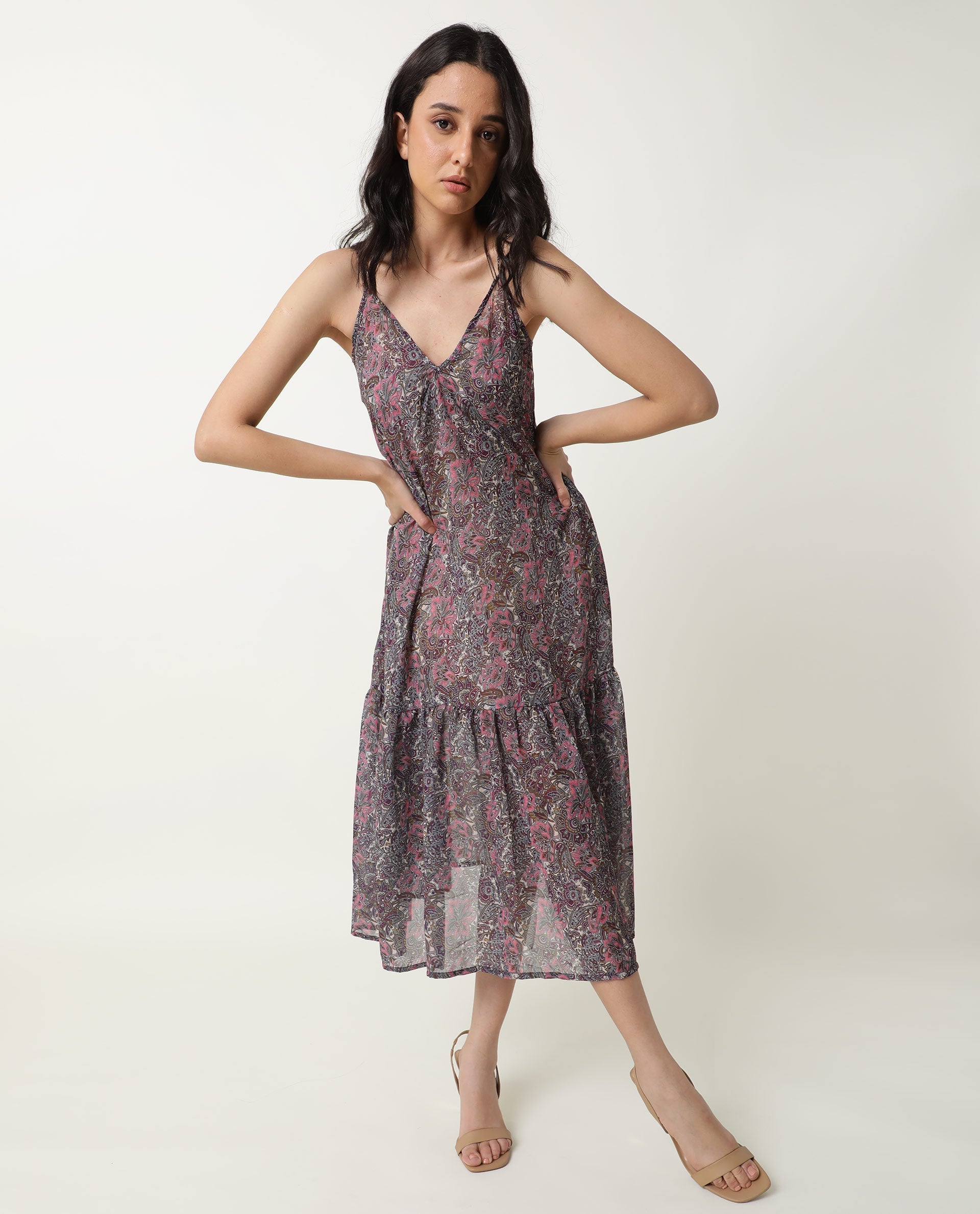 Women's Hilda Pink Abstract Print V Neck Double Spaghetti Straps Tiered Midi Dress