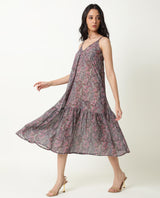 Women's Hilda Pink Abstract Print V Neck Double Spaghetti Straps Tiered Midi Dress