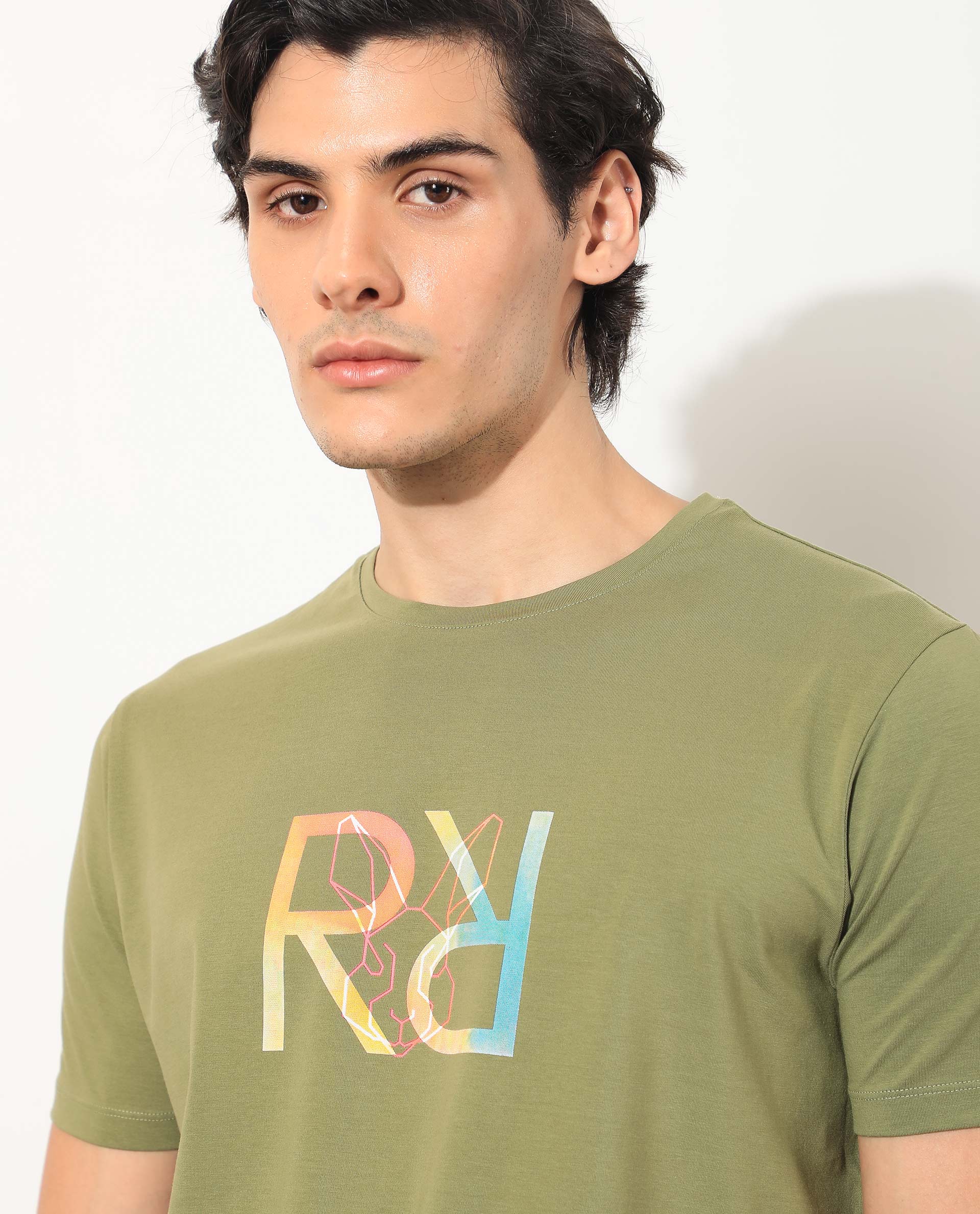 Men's Green Casual Regular Fit Printed Half Sleeves Tshirt