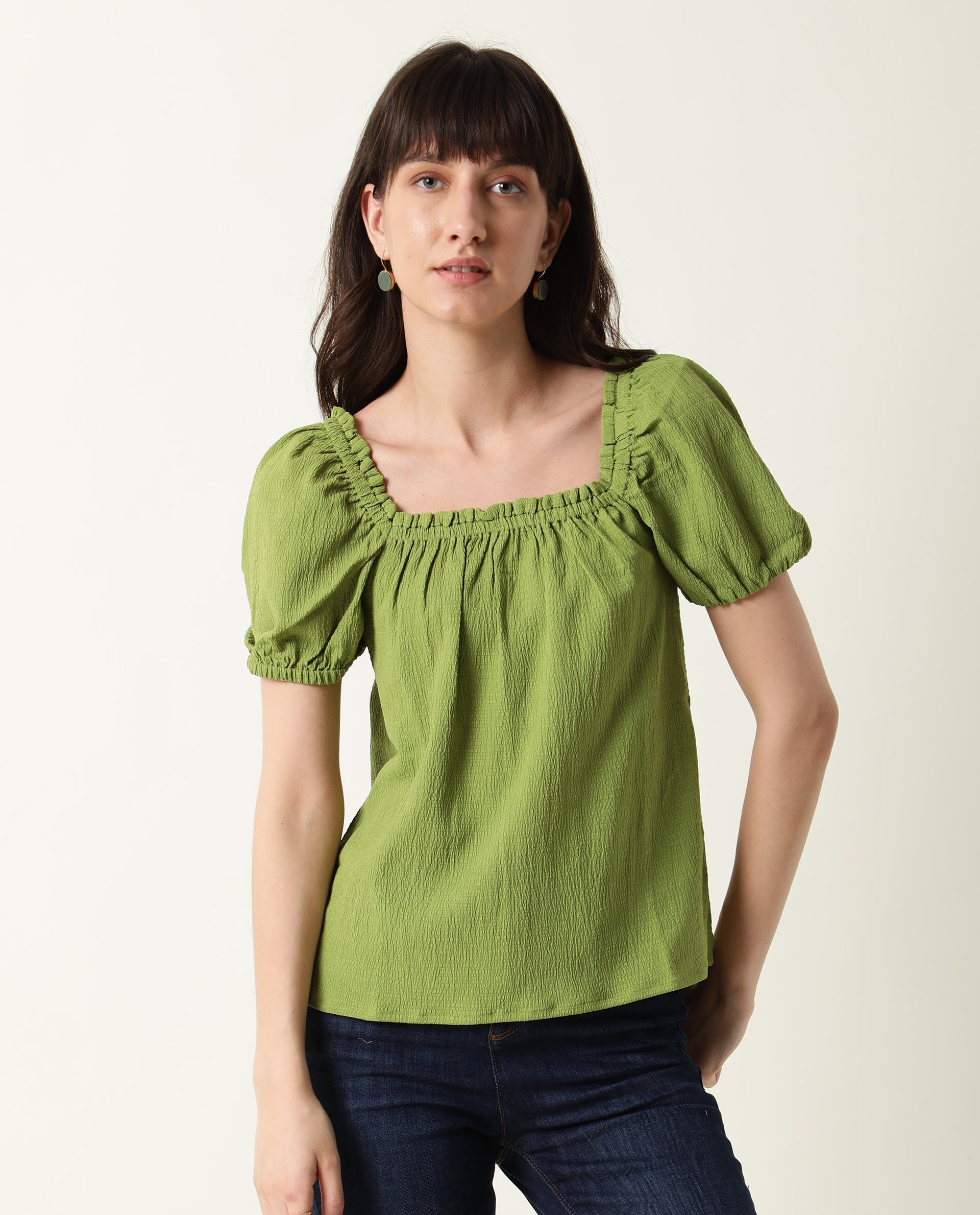 Women's Green Casual Half Sleeves Top