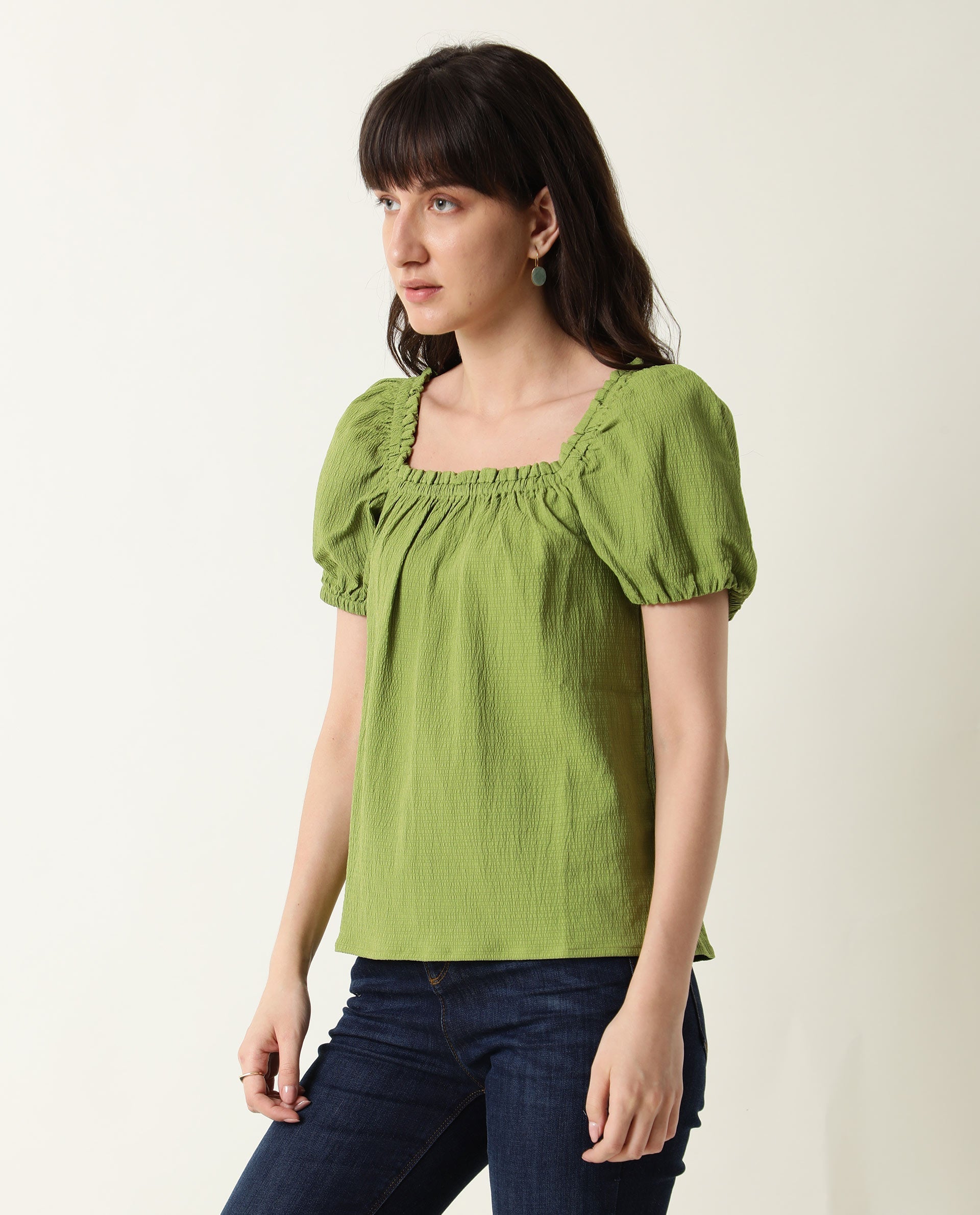 Women's Green Casual Half Sleeves Top