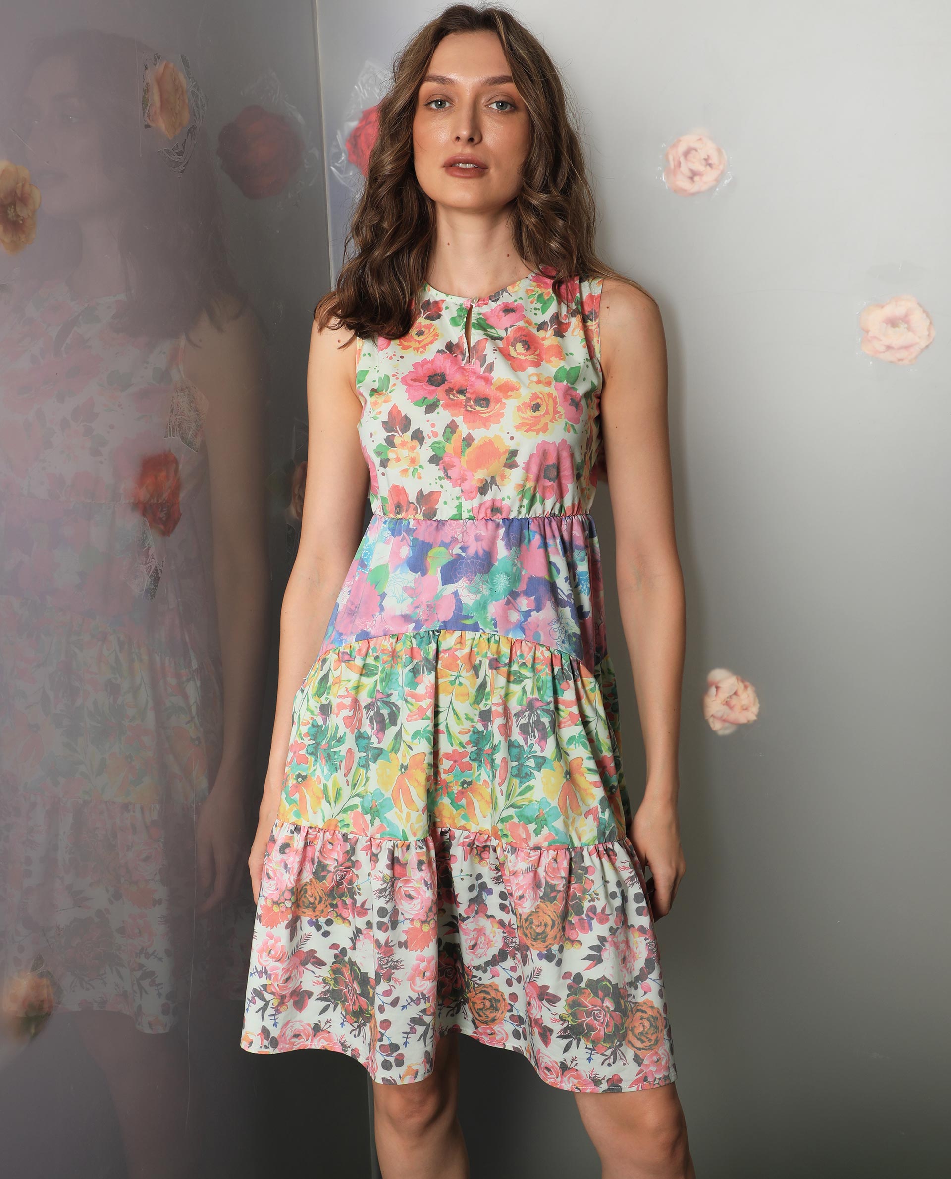 Women's Carys Multicolor Polyester Fabric Sleeveless Key Hole Neck Regular Fit Floral Print Knee Length Tiered Dress