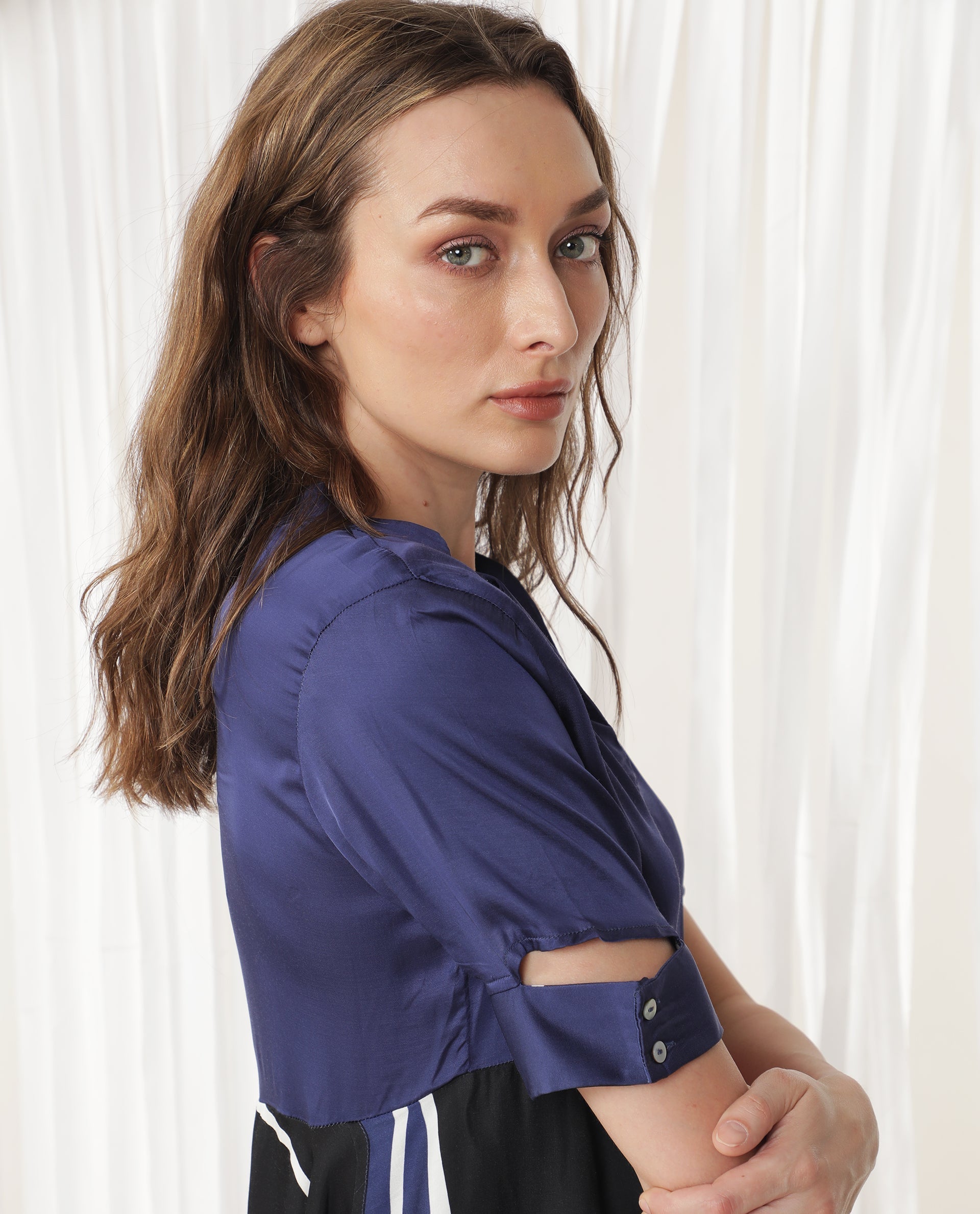 Women's Navy Casual Half Sleeves Top