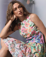 Women's Carys Multicolor Polyester Fabric Sleeveless Key Hole Neck Regular Fit Floral Print Knee Length Tiered Dress
