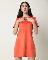 Women's Sions Red Round Neck Short Sleeves Pseudo Side Pockets Mini Dress