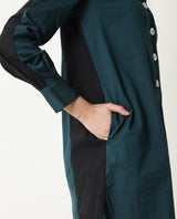 Women's Tally Green Overlap Lapel Collar Full Sleeves Front Button Placket Pocket Asymmetrical Knee Length Dress