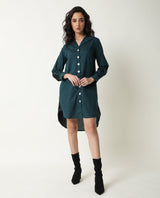 Women's Tally Green Overlap Lapel Collar Full Sleeves Front Button Placket Pocket Asymmetrical Knee Length Dress