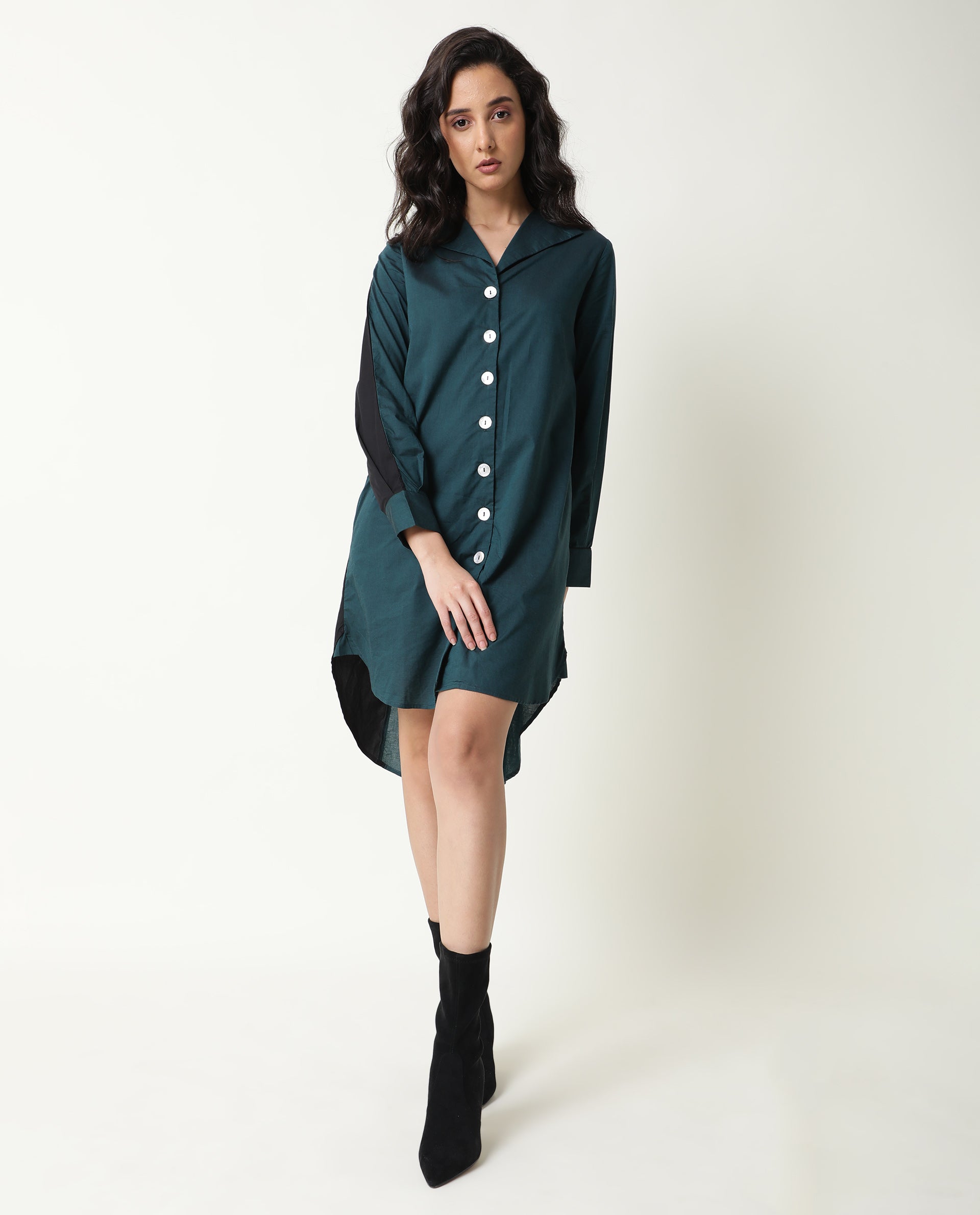 Women's Tally Green Overlap Lapel Collar Full Sleeves Front Button Placket Pocket Asymmetrical Knee Length Dress