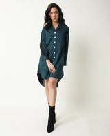 Women's Tally Green Overlap Lapel Collar Full Sleeves Front Button Placket Pocket Asymmetrical Knee Length Dress