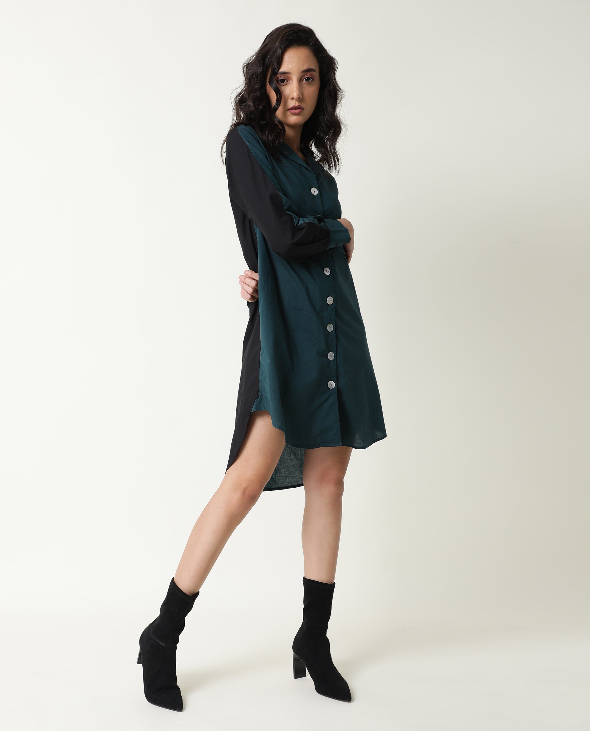 Women's Tally Green Overlap Lapel Collar Full Sleeves Front Button Placket Pocket Asymmetrical Knee Length Dress