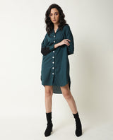 Women's Tally Green Overlap Lapel Collar Full Sleeves Front Button Placket Pocket Asymmetrical Knee Length Dress