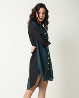 Women's Tally Green Overlap Lapel Collar Full Sleeves Front Button Placket Pocket Asymmetrical Knee Length Dress