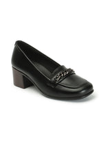 Women's Black Block Heel Loafers with Chain Detail