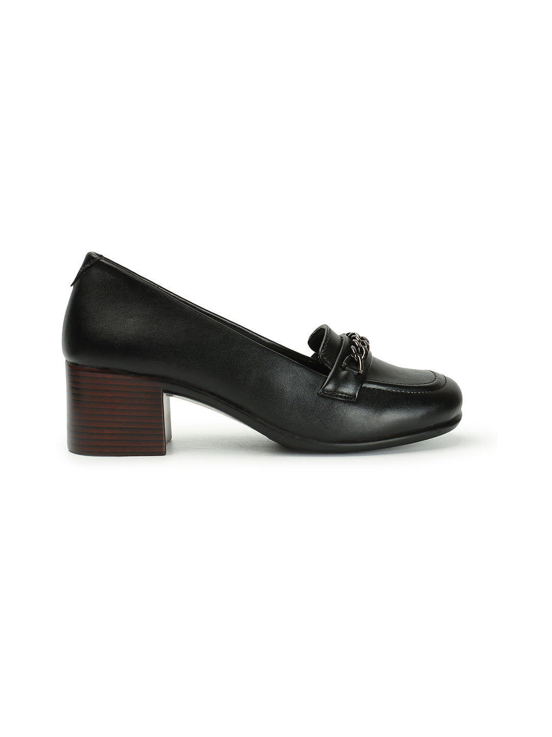 Women's Black Block Heel Loafers with Chain Detail