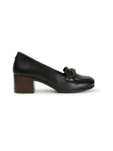 Women's Black Block Heel Loafers with Chain Detail