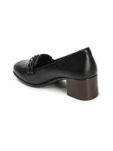 Women's Black Block Heel Loafers with Chain Detail
