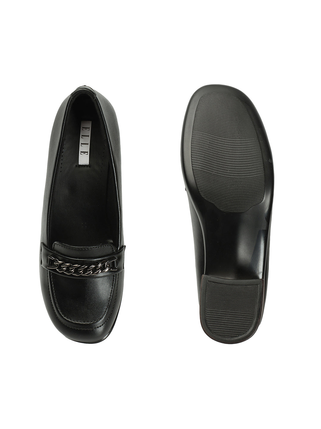 Women's Black Block Heel Loafers with Chain Detail