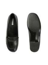 Women's Black Block Heel Loafers with Chain Detail