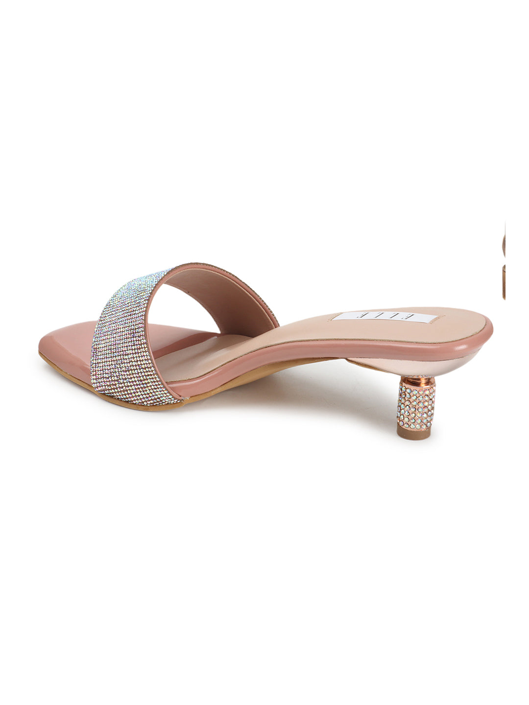 Women's Peach Rhinestone-Covered Strap Embellished Kitten Heel Sandals