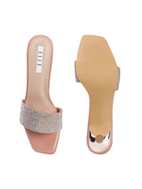 Women's Peach Rhinestone-Covered Strap Embellished Kitten Heel Sandals