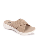 Women's Beige Criss-Cross Fly Knit Comfort Slides