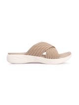 Women's Beige Criss-Cross Fly Knit Comfort Slides