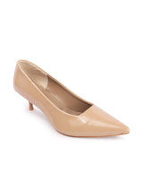Women's Beige Solid Pointed Toe Kitten Heel Pumps