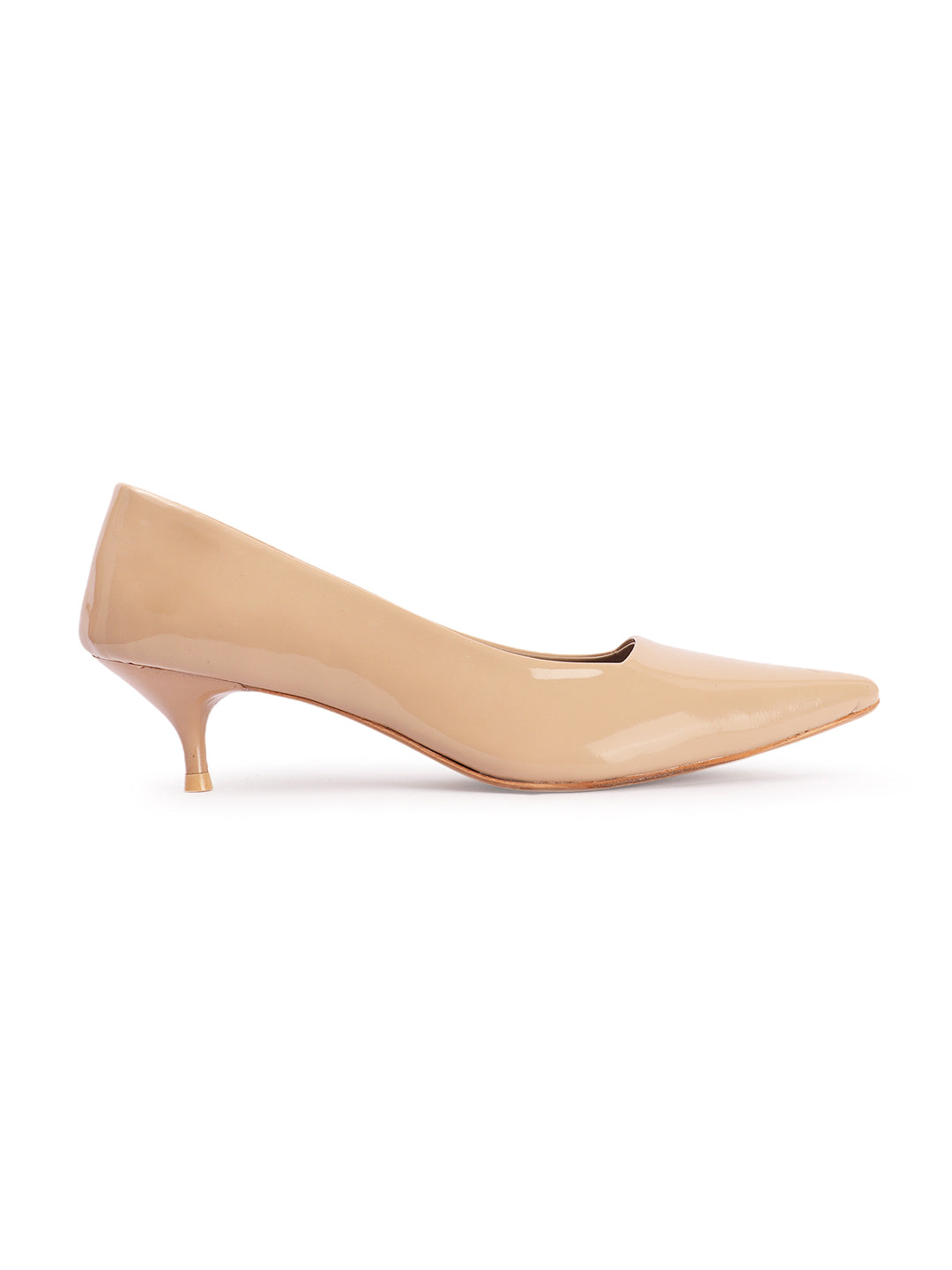 Women's Beige Solid Pointed Toe Kitten Heel Pumps