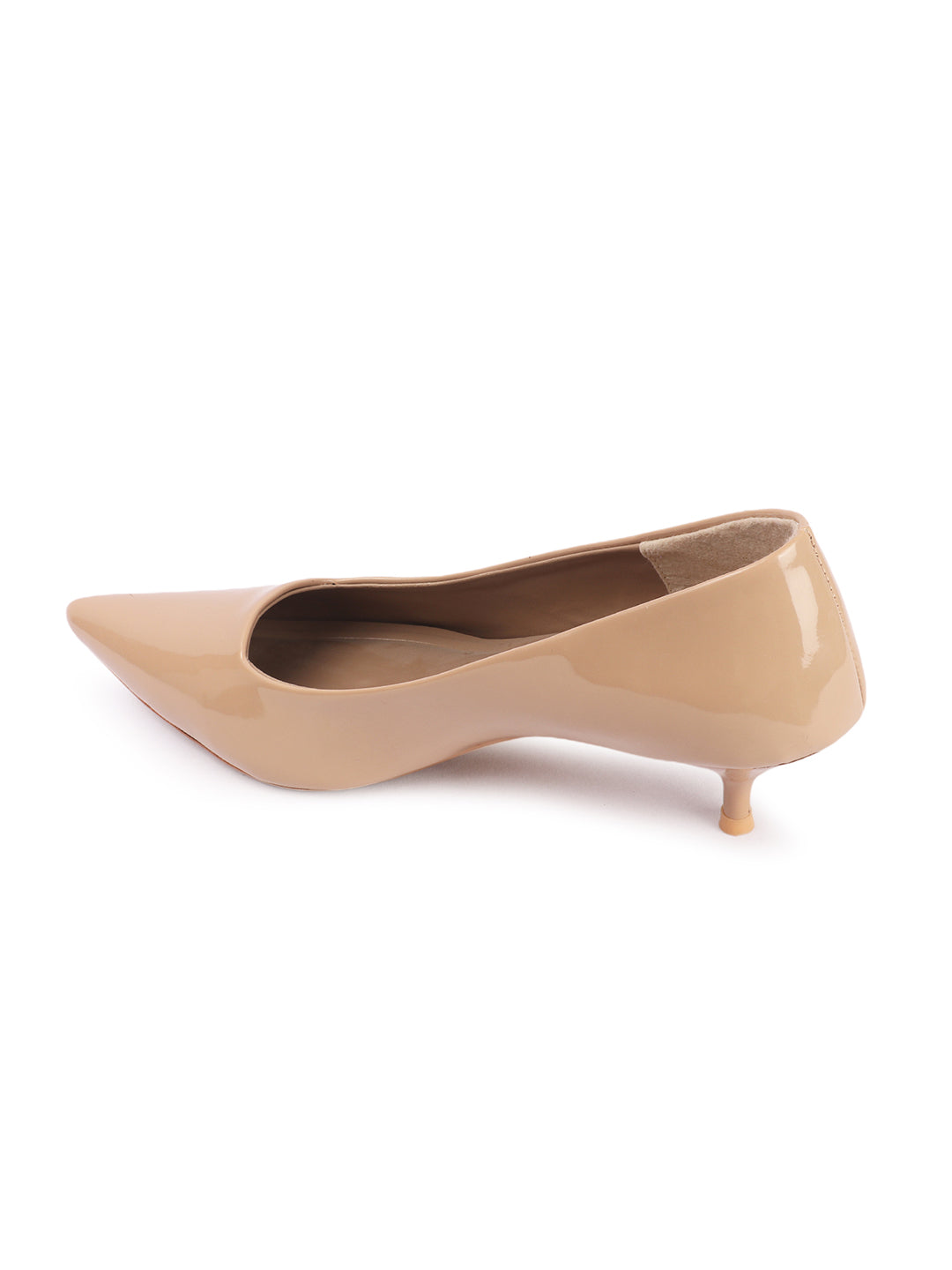 Women's Beige Solid Pointed Toe Kitten Heel Pumps
