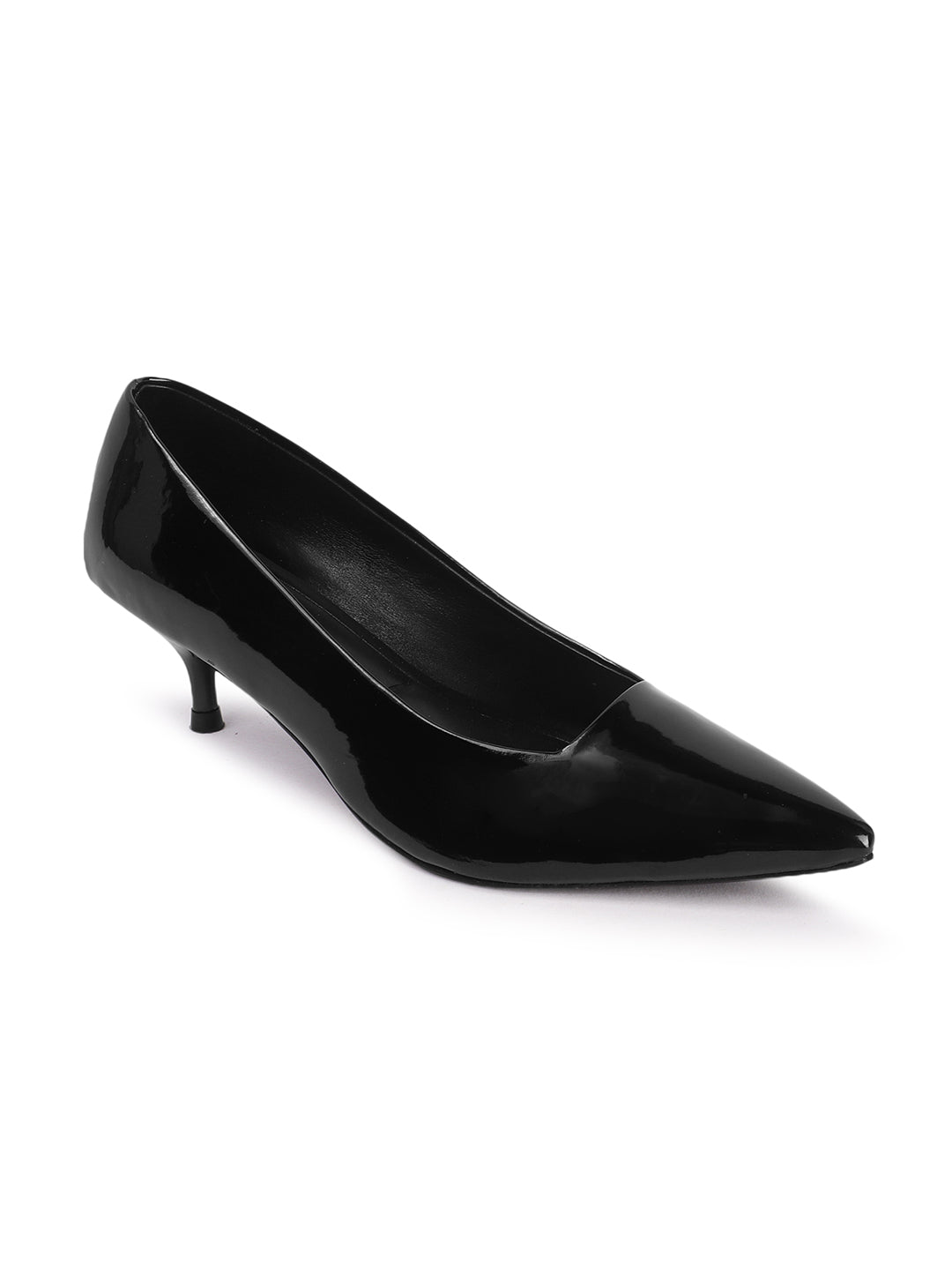 Women's Black Solid Pointed Toe Kitten Heel Pumps