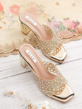 Women's Gold Glamorous Elegant Embellished Block Sandals