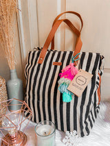 Women's Black and White Stripes Three Pocket Jacquard Bag