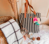 Women's Black and White Stripes Three Pocket Jacquard Bag