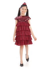 Girls Maroon Party A-Line Half Sleeves Dress