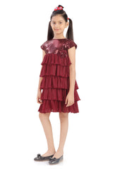 Girls Maroon Party A-Line Half Sleeves Dress