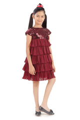 Girls Maroon Party A-Line Half Sleeves Dress