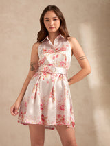 Women's Pink Printed Flared Dress With Halter Neck And Belt Detail