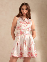 Women's Pink Printed Flared Dress With Halter Neck And Belt Detail