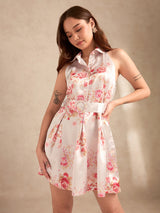 Women's Pink Printed Flared Dress With Halter Neck And Belt Detail